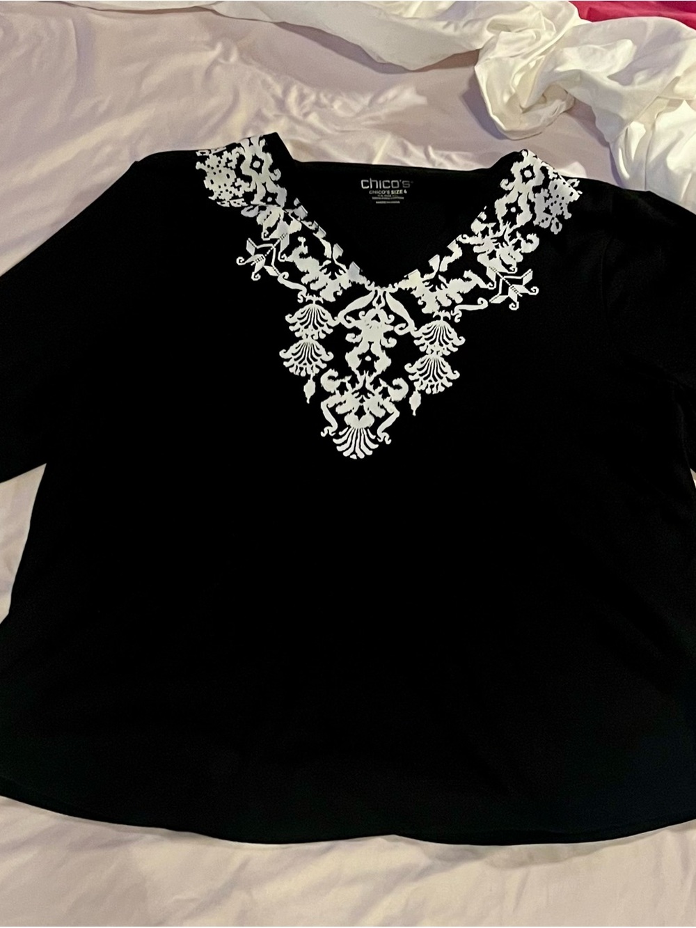 Chico's Black Long Sleeve V-Neck Top with White Embroidered Yoke